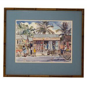 Jill Walker Barbados Framed Print – Caribbean Street Scene Art 17x14.75" Vintage